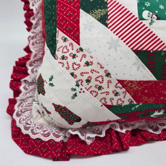 Handmade Christmas Patchwork Quilted Christmas Throw Pillow With Lace Ruffle - Picture 2 of 11
